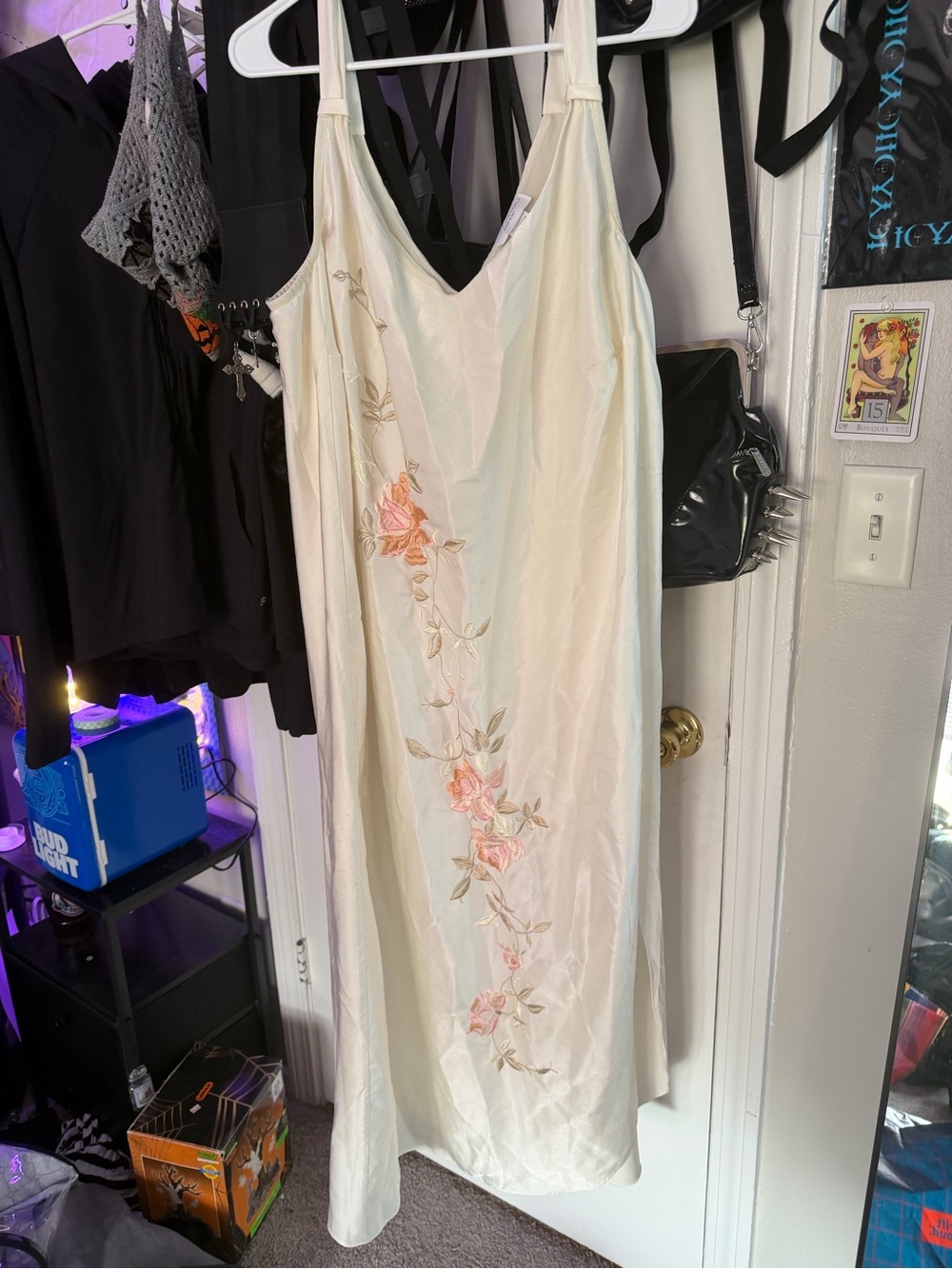VINTAGE. HIGHLY SOUGHT AFTER Flora Nikrooz Cream Slip Dress with Pink Roses